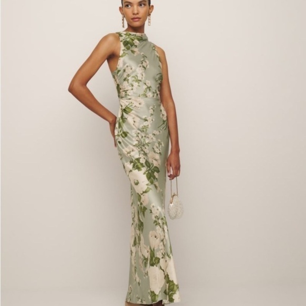 Reformation Anaiis Silk Dress in Tarragon Green White Floral Maxi New w/Tags - Picture 2 of 10
